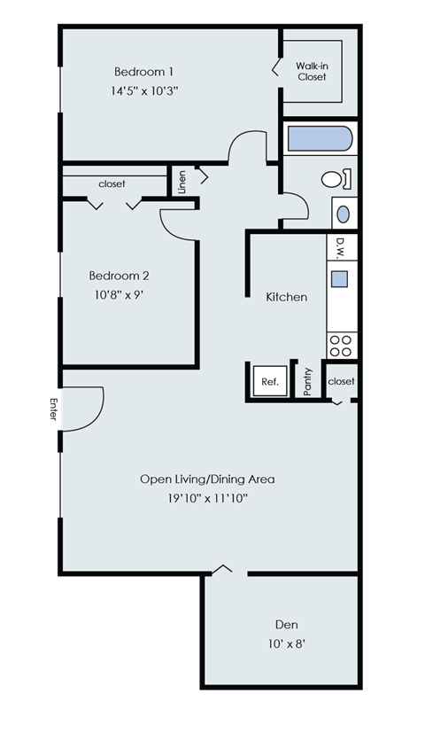 A floor plan of a small apartment with two bedrooms, a kitchen, and a den.